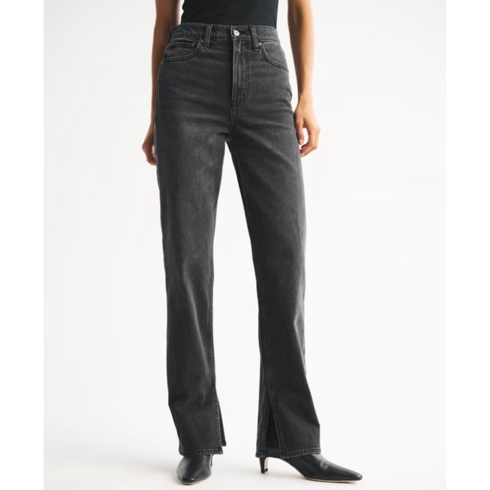 Abercrombie Fitch High Rise Straight Leg Split Hem Black Wash Jeans Womens 28